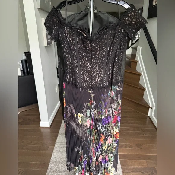 Rickie Freeman for Teri Jon Black Lace and Floral Midi Dress -  threedaughtersproperties.com
